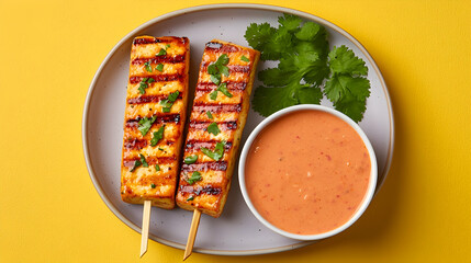 Grilled Tofu Skewers with Peach Salsa on Yellow Background