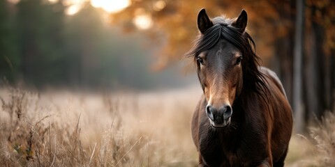 Wild horse walking through golden autumn grass in a tranquil forest setting at sunset