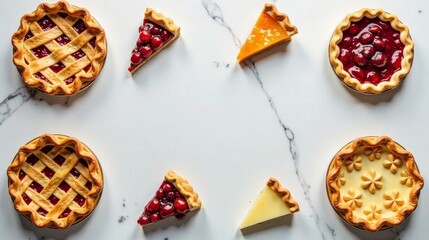 A delightful assortment of sweet pies and tarts, featuring various fruit fillings and creamy textures, arranged artfully on a pristine marble surface.