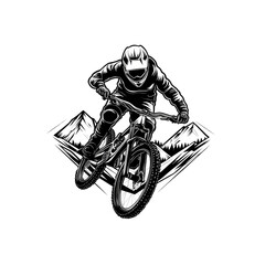 Extreme Mountain Biking Line Art Illustration of a Rider in Mid-Air