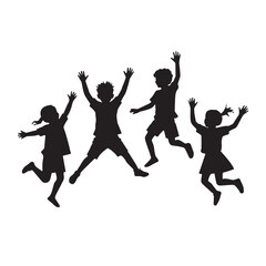 Happy childhood funny kids are jumping isolated Vectors Silhouettes White Background.
