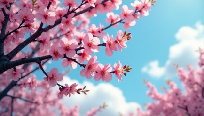 Obraz premium Almond tree branches stretch towards the sky as snapdragon stems rise, scene, blossoms