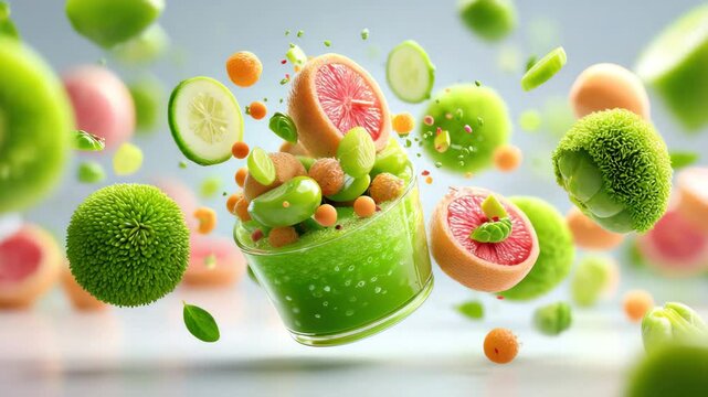 Fresh green smoothie with floating fresh ingredients, highlighting fresh green smoothie textures and vibrant fresh green smoothie energy burst,dynamic health food illustration
superfood beverage spla
