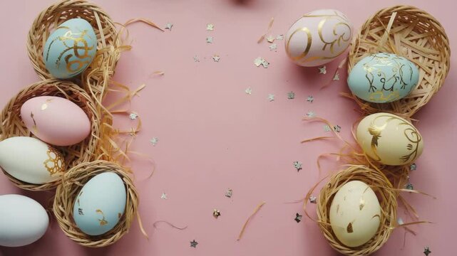 Colorful easter eggs, a glossy 3D sphere nest decoration, celebrate the holiday design