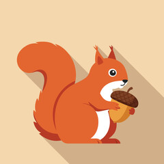 Obraz premium Red squirrel holding acorn in flat style with long shadow vector illustration for nature and wildlife designs