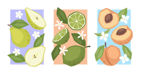 Set of vector posters with pear, lime and peach
