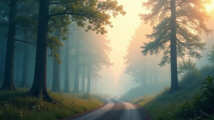 Obraz premium Serene Woodland Path at Dawn A Misty Road Winding Through Tall Trees, Bathed in Soft Sunlight