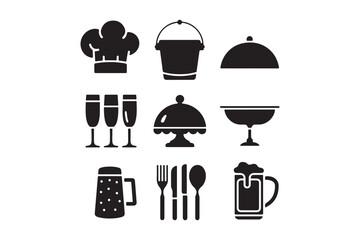 Kitchen and Dining Icon Silhouettes Chef Hat, Utensils, Drinkware, Food Cover Vector Set