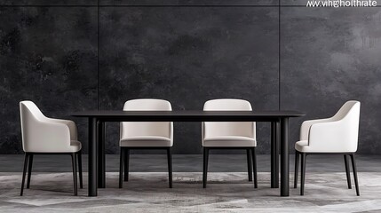 Modern Dining Room with Minimalist Black Table and White Chairs on Textured Rug against Dark Wall.