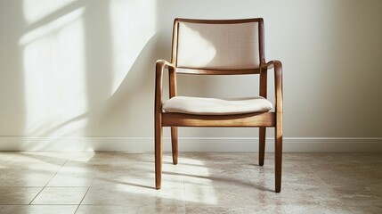 A wooden chair bathed in warm natural sunlight against a neutral wall