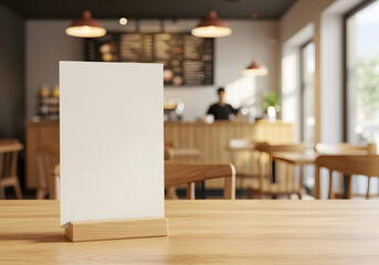 blank white table tent card mockup on wooden table in blurred cafe restaurant interior with natural lighting 
