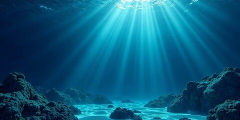 Fototapeta premium Submerged Serenity Sunbeams Illuminate an Ocean Floor Landscape of Dark Blue Rocks and Sandy Patches