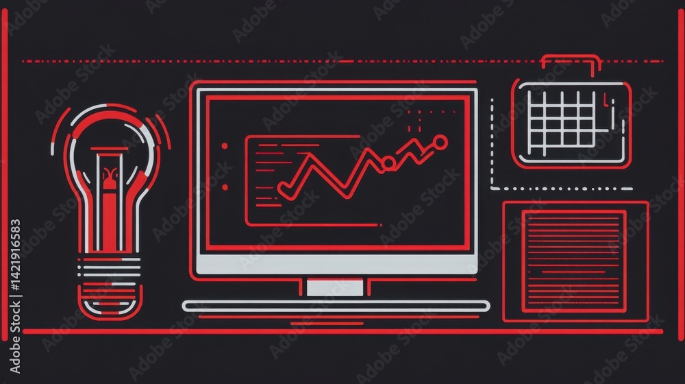 Poster red and white pixel art depicting a computer screen displaying a graph, alongside a lightbulb and ot