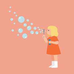 Child blowing bubbles with bubble wand in orange dress on peach background vector illustration 