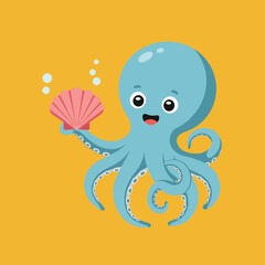 Cute octopus holding pink seashell underwater sea creature vector illustration on yellow background 
