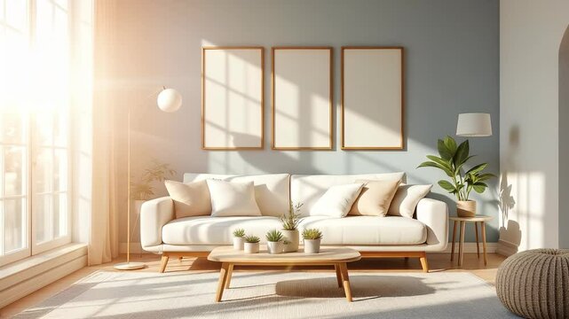 Sunny living room with modern decor and blank art frames, perfect for interior design inspiration.