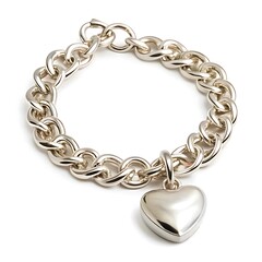 Obraz premium Silver chain bracelet with a heart charm isolated on white background