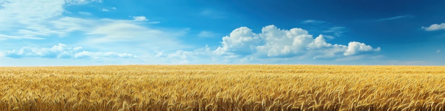 A golden wheat field meets a clear blue sky, where fluffy clouds add depth. The wide, empty space is ideal for event banners or advertising text.
