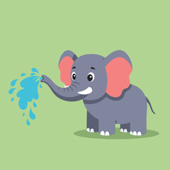Fototapeta premium Cute cartoon elephant spraying water from trunk on green background vector illustration for children design 