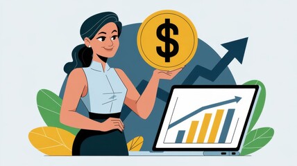 Woman holding a coin, financial success, economic growth and investment strategies