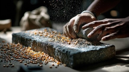 Grinding corn traditional setting realistic photograph close-up view handwork