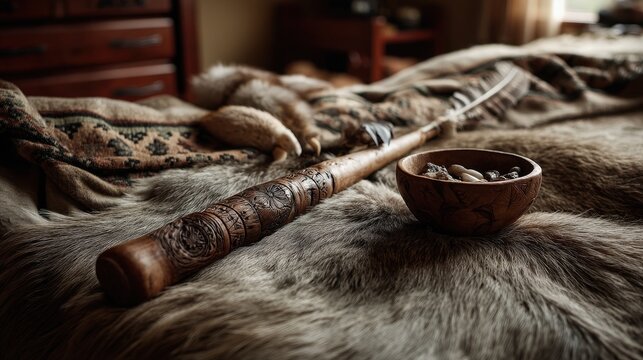 Close-up view of sacred pipe and carved bowl cultural significance in native american tradition