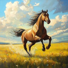 Obraz premium Majestic Horse Galloping Through Vibrant Yellow Meadow Landscape
