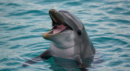 Dolphin Emerging from Ocean Water with Open Mouth