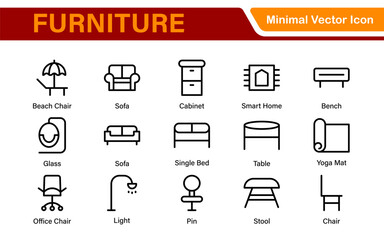 Furniture and home interior elements - thin line web icon set. Outline icons of kitchen, living room, bedroom and office collection.
