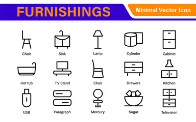 Furniture and home interior elements - thin line web icon set. Outline icons of kitchen, living room, bedroom and office collection.