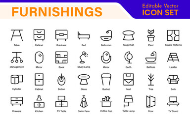Furniture and home interior elements - thin line web icon set. Outline icons of kitchen, living room, bedroom and office collection.