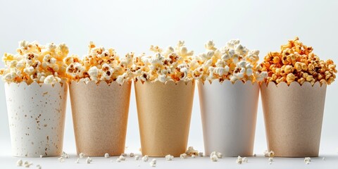 Varieties of popcorn served in paper cups on a bright background for a snack time or movie experience