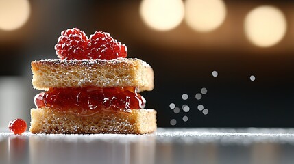 Closeup of Two Layer Raspberry Cake with Jelly Filling and Powdered Sugar