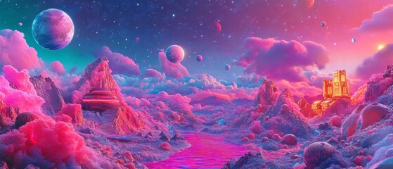 Vibrant alien landscape with colorful mountain range and planets under starry sky for creative design or sci-fi illustration