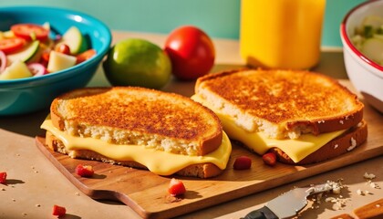 Golden Grilled Cheese Sandwich With Salad And Fresh Juice For Lunch