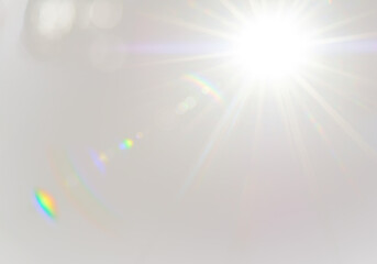 A brilliant lens flare with starburst effect radiate, subtle rainbow refractions on transparent background