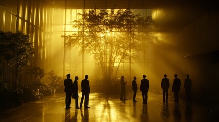 Silhouetted figures stand in a large, dimly lit interior space, illuminated by a bright light source behind a large tree. Golden light creates a dramatic atmosphere.
