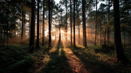 Obraz premium Sunrise illuminates forest trails serene woodland photograph nature horizon realistic