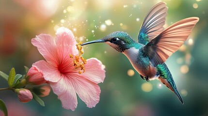 Fototapeta premium Hummingbird hovering to collect nectar from a beautiful flower, captured in digital artwork