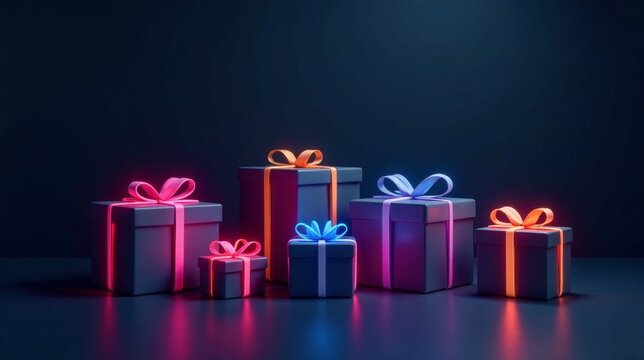 A Collection of Dark Presents with Glowing Ribbons for a Festive Occasion
