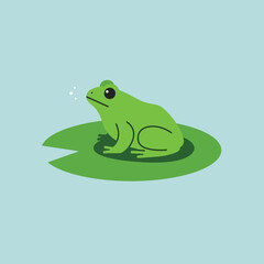 Green frog sitting on lily pad with blue background simple nature illustration vector design 