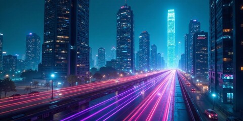 Obraz premium Night Metropolis Elevated View of Vibrant Cityscape with Dynamic Light Trails on a Wet Road