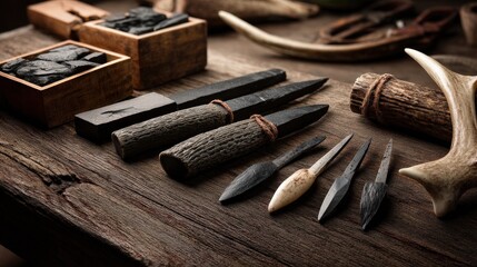 Creating hand tools from obsidian workshop photography rustic setting close-up artisanal craftsmanship