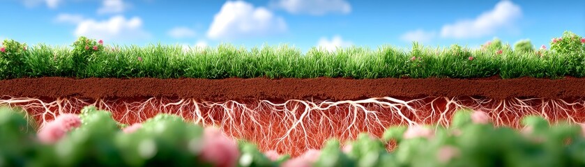 Healthy soil with growing roots nature scene closeup view vibrant landscape soil health concept