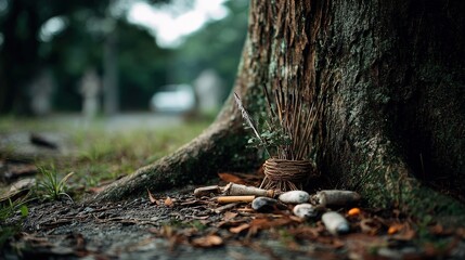 Spiritual offering display nature trail realistic photograph tranquil environment ground level cultural significance
