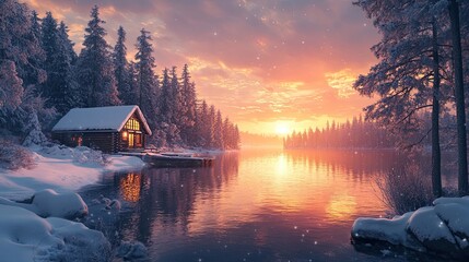 Fototapeta premium Hut by the lake at sunset, surrounded by a winter forest landscape, digital artwork. 