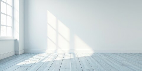 Fototapeta premium Empty Room with Sunlight Streaming Through Window and Light Blue Wooden Floor
