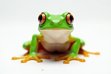 Obraz premium Green tree frog, vibrant skin, white background, eyes, wildlife, closeup