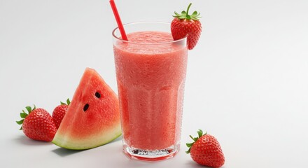 A tall glass of luscious strawberry watermelon smoothie with a rich pink hue against a pristine