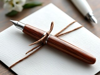 Elegant Brown Wooden Fountain Pen on White Card with String